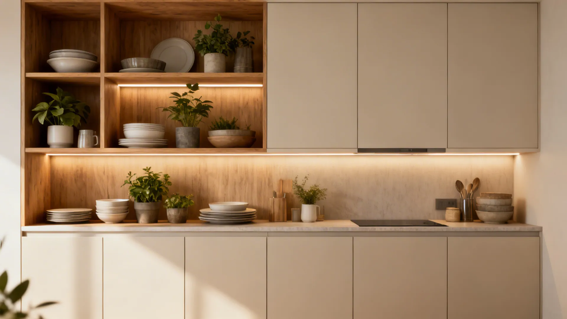 Kitchen wall with open wooden shelves balanced by closed cabinets to keep space airy