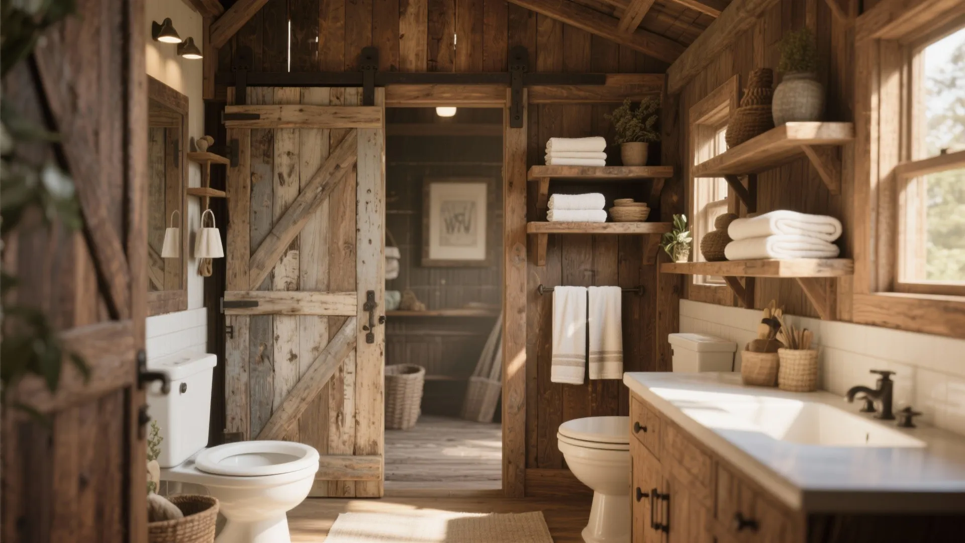 Rustic bathroom featuring wooden sliding door open shelves with white towels toilet and wood cabinet vanity