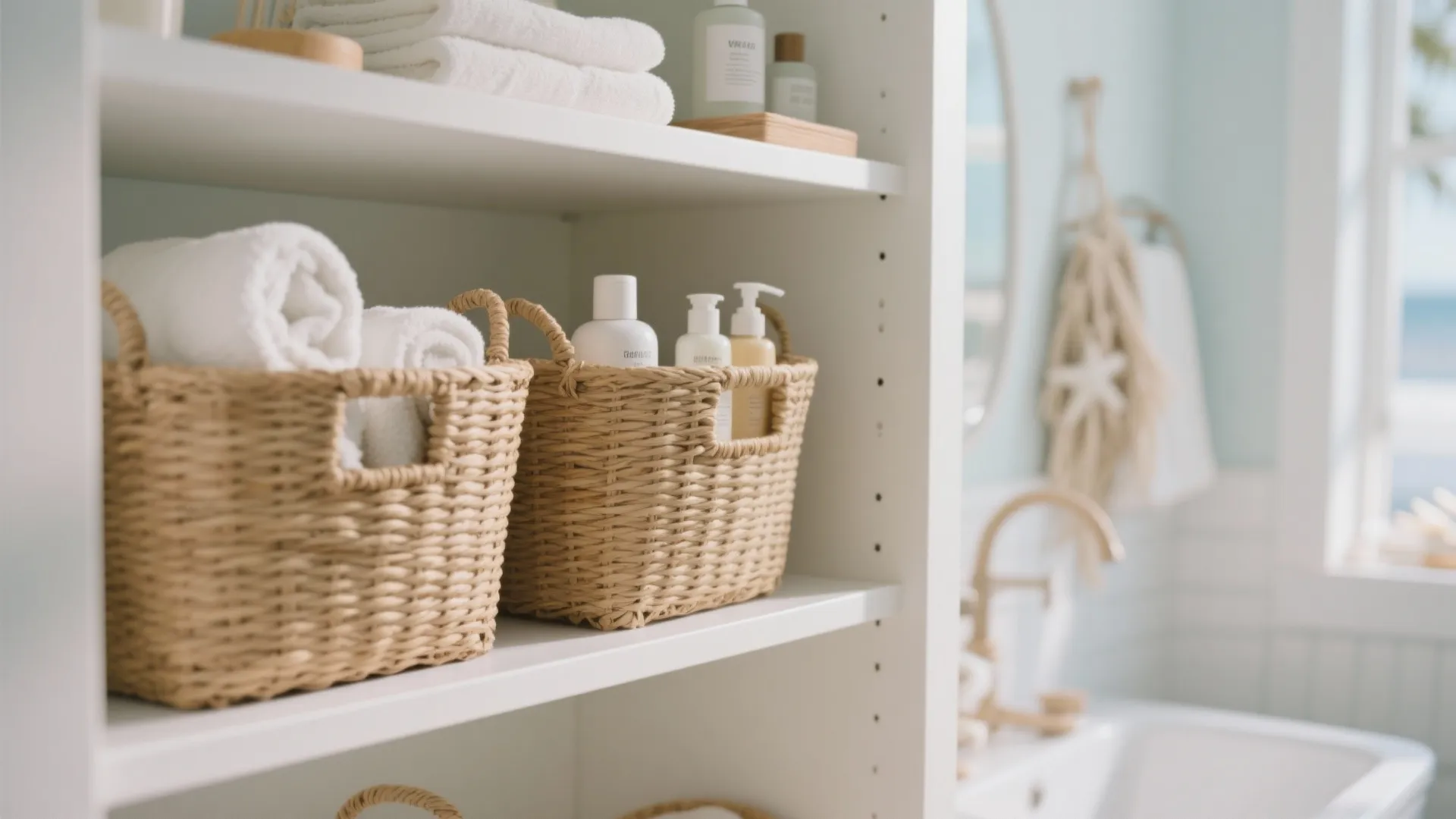White open bathroom shelves with woven storage baskets containing rolled towels and various bottled skin products