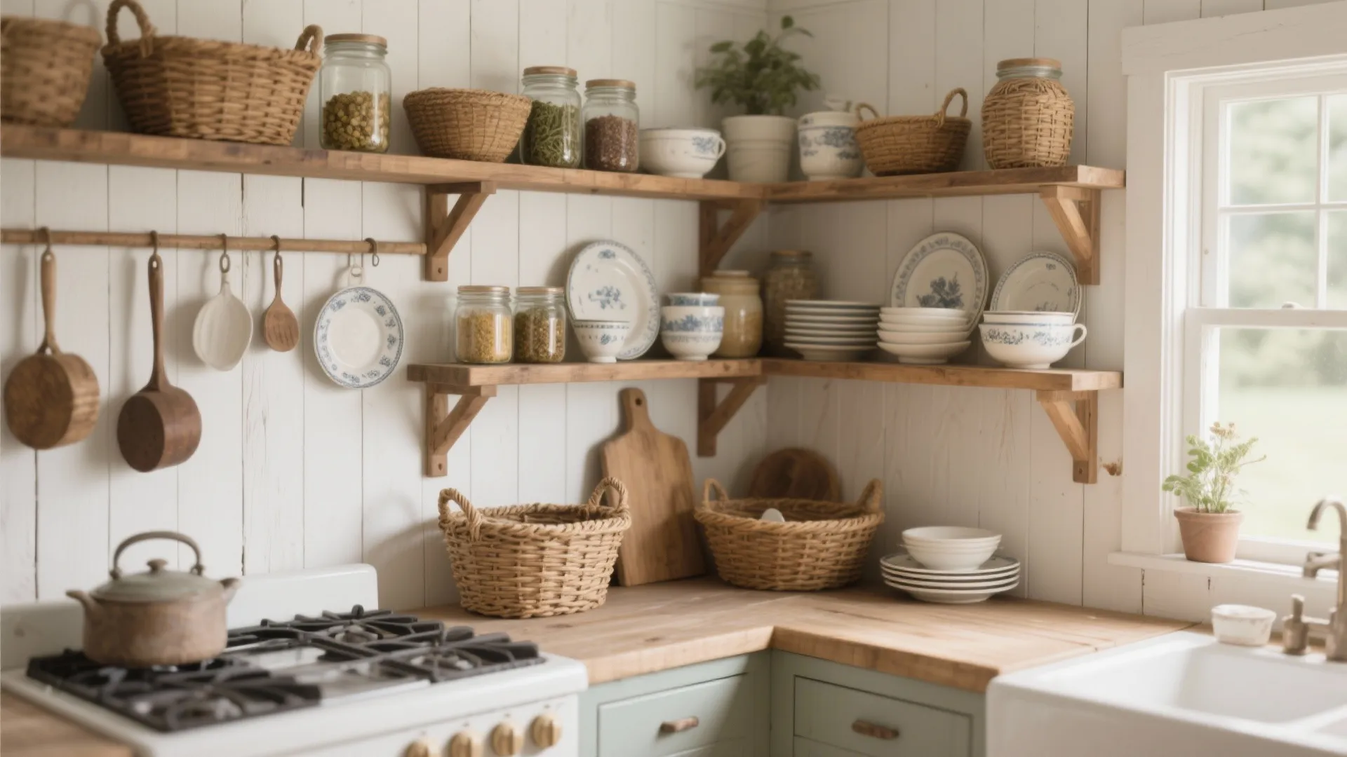3. Open Shelving with Woven Baskets