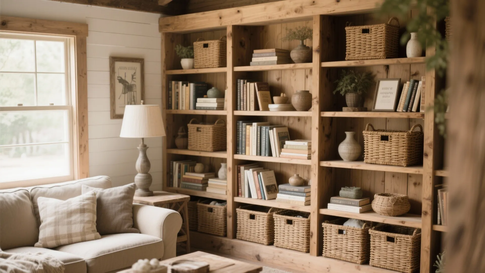 Built in wooden wall shelves filled with books and woven baskets next to a sofa