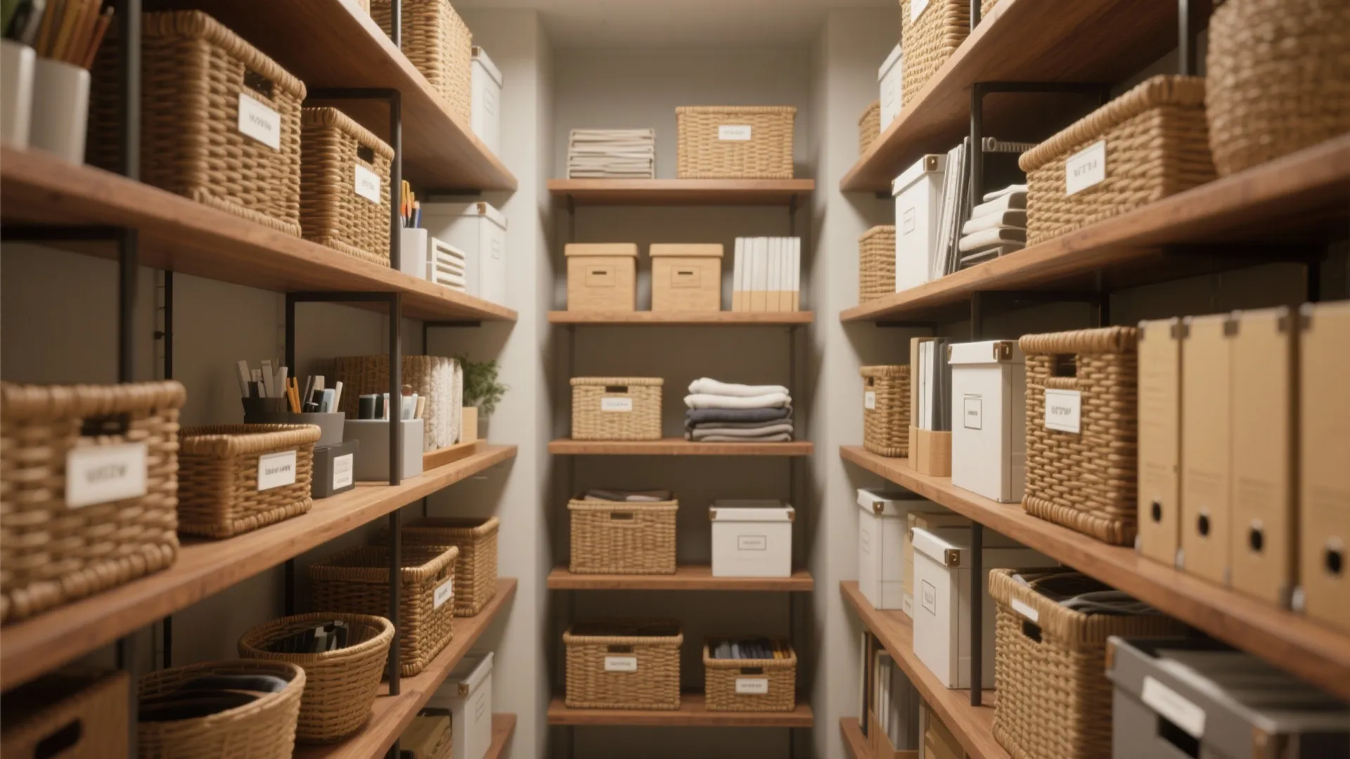 Walk in storage room with wooden shelves organized using many brown baskets and white boxes
