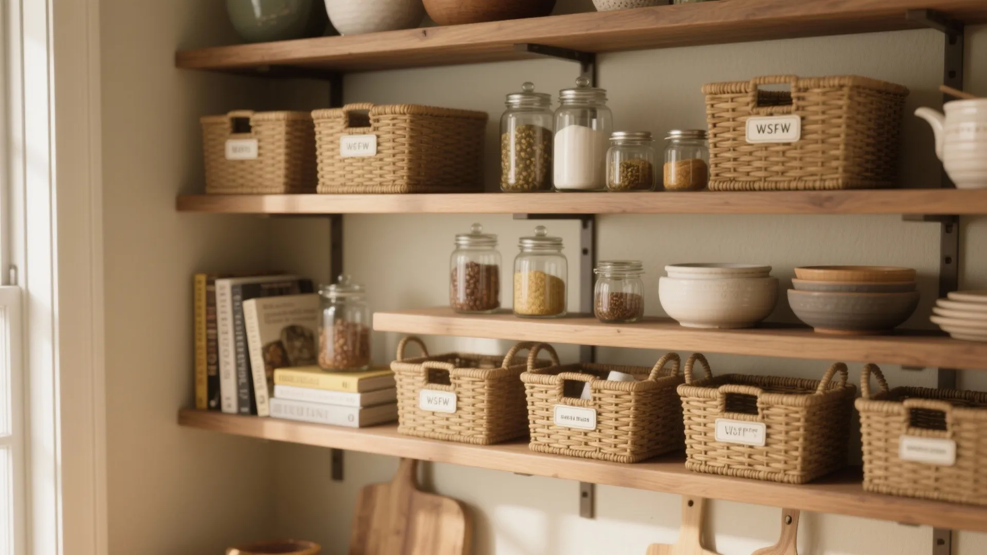 Wooden open kitchen shelves holding several woven baskets with labels glass jars and ceramic bowls
