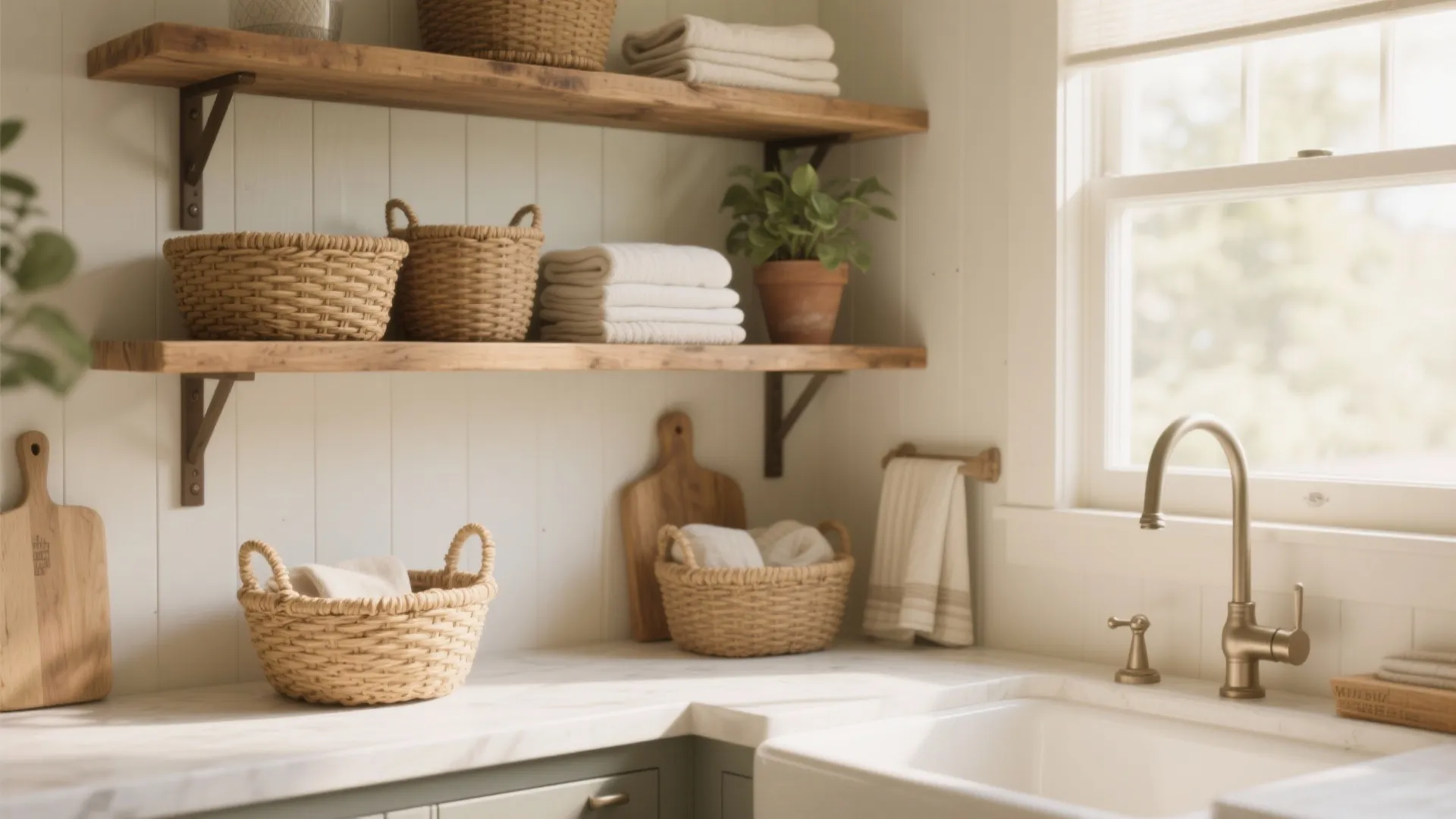 Kitchen counter with white sink, brass faucet, wooden shelves, woven baskets, towels, and potted plant