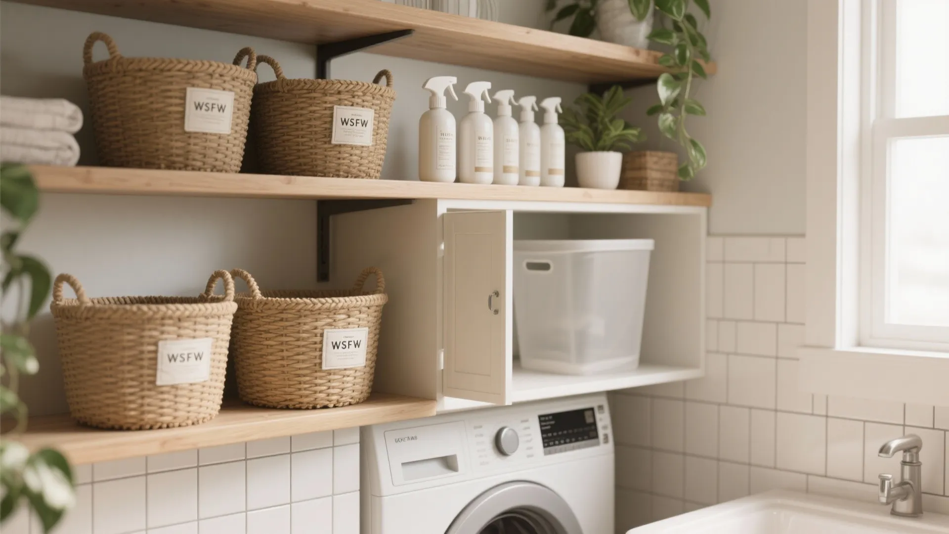 3. Open Shelving with Baskets and Labels