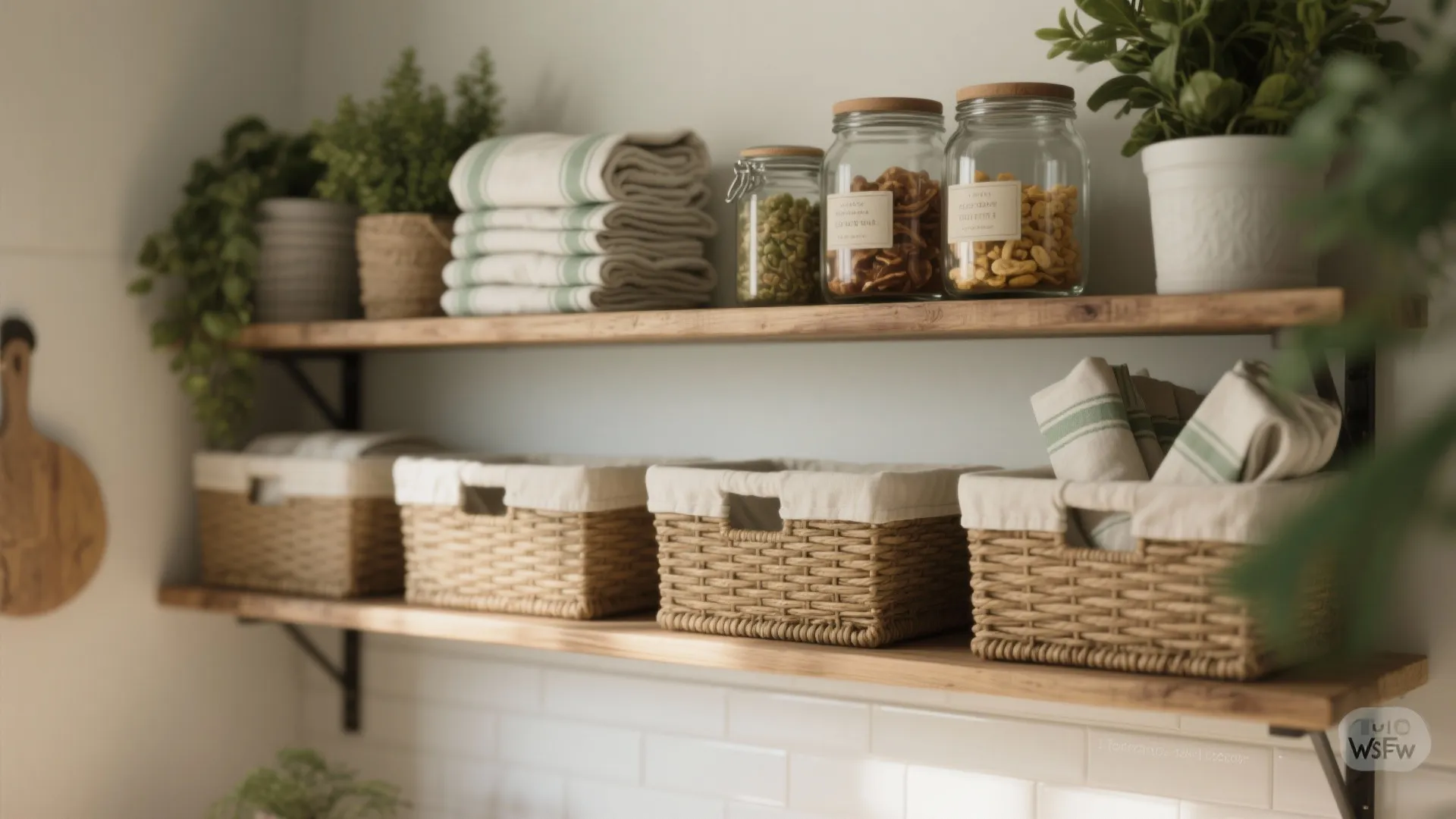 Wooden open shelves holding glass jars woven baskets folded striped towels and small green potted plants