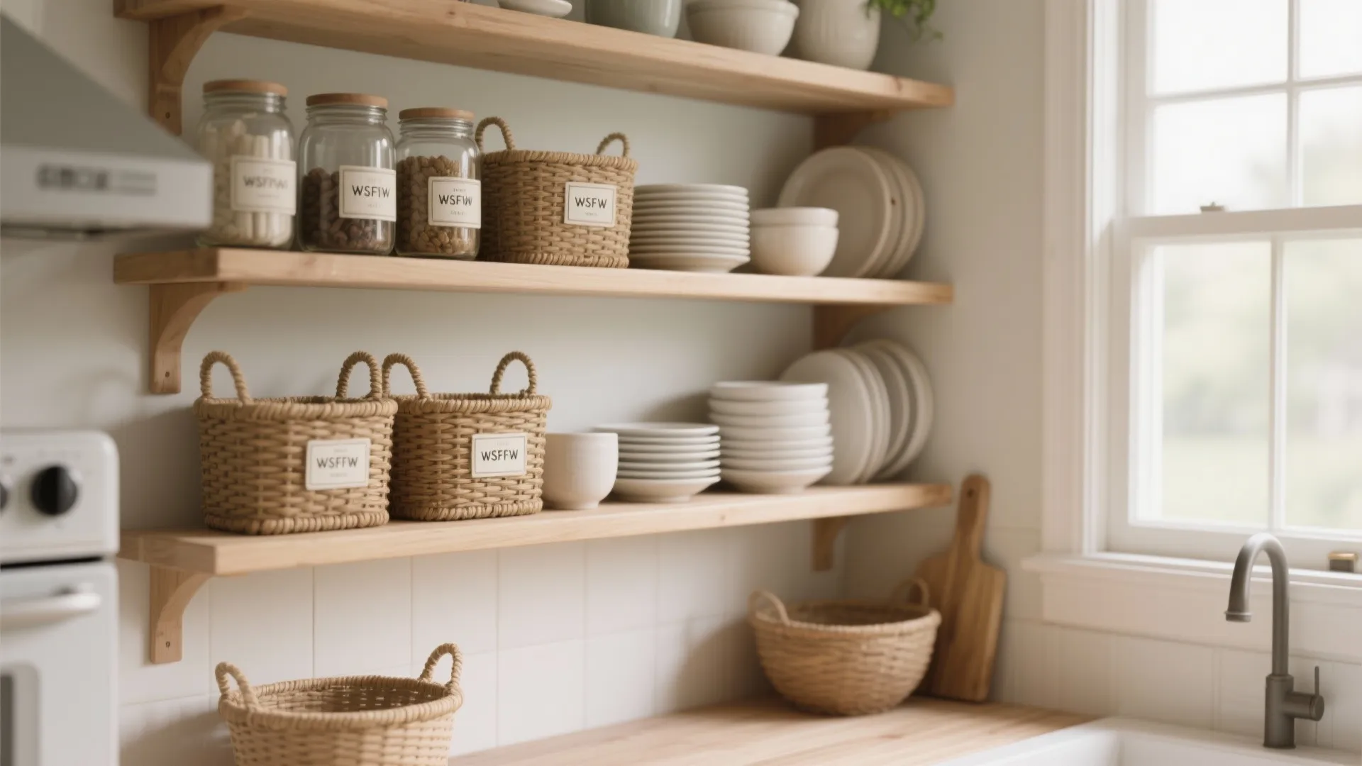 Wooden open wall shelves holding white plates bowls glass jars and woven baskets in kitchen
