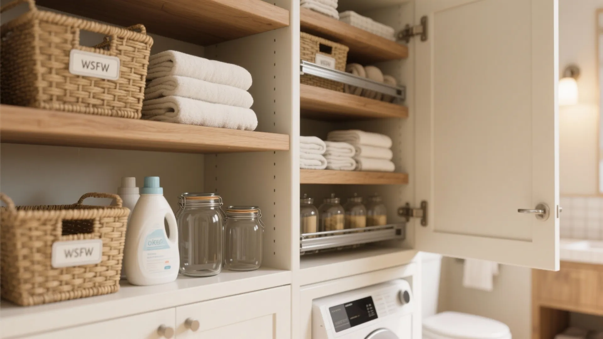 4. Use open shelving, baskets, and sliding organizers