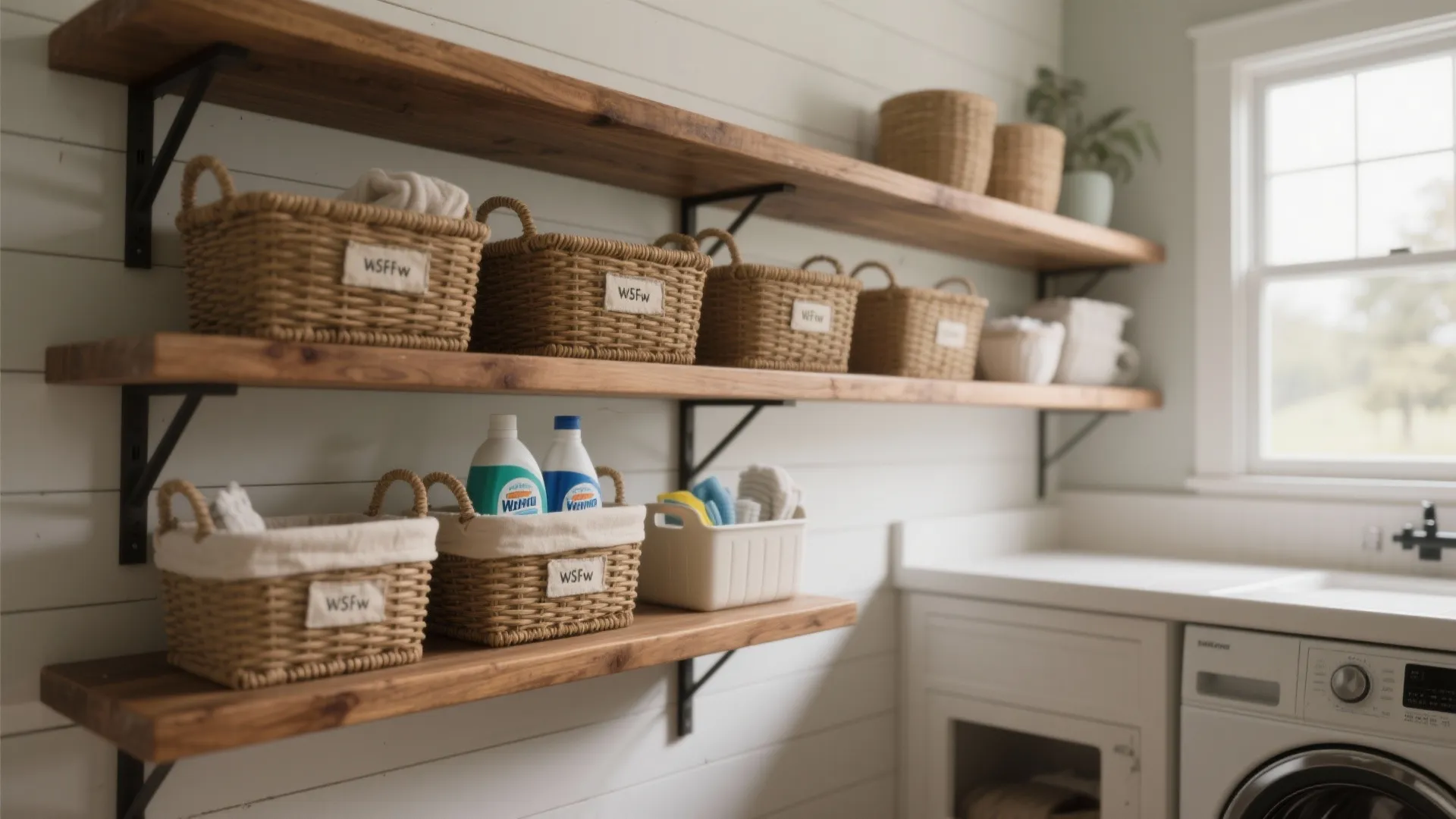 1. Open Shelving with Woven Baskets