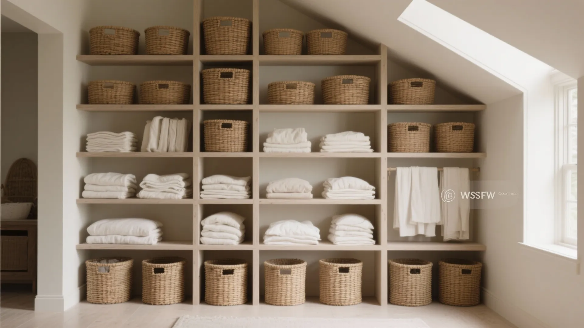 Built-in wooden shelves with woven baskets and folded white towels under a sloped attic ceiling