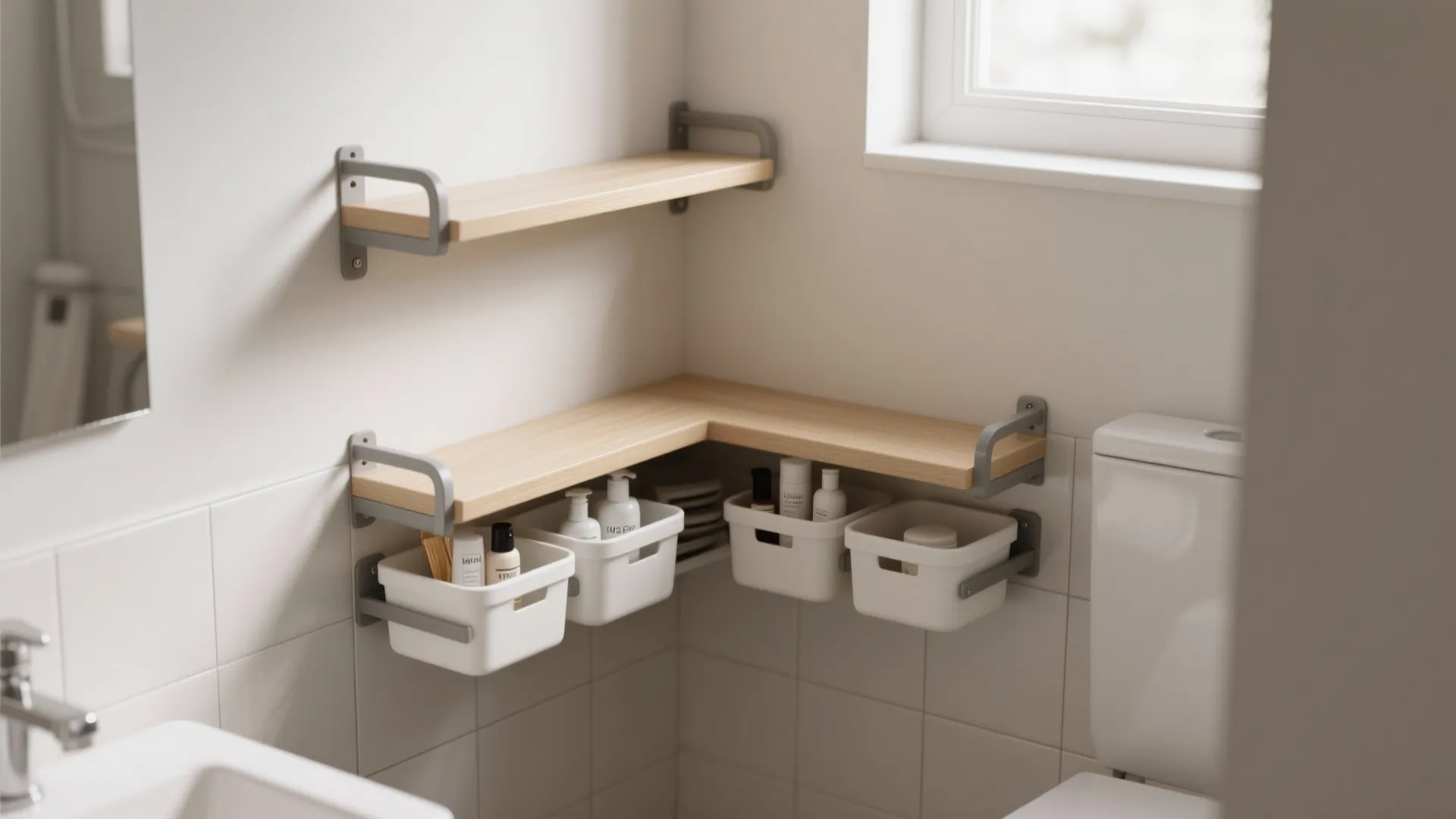 Open corner shelves with concealed basket drawers