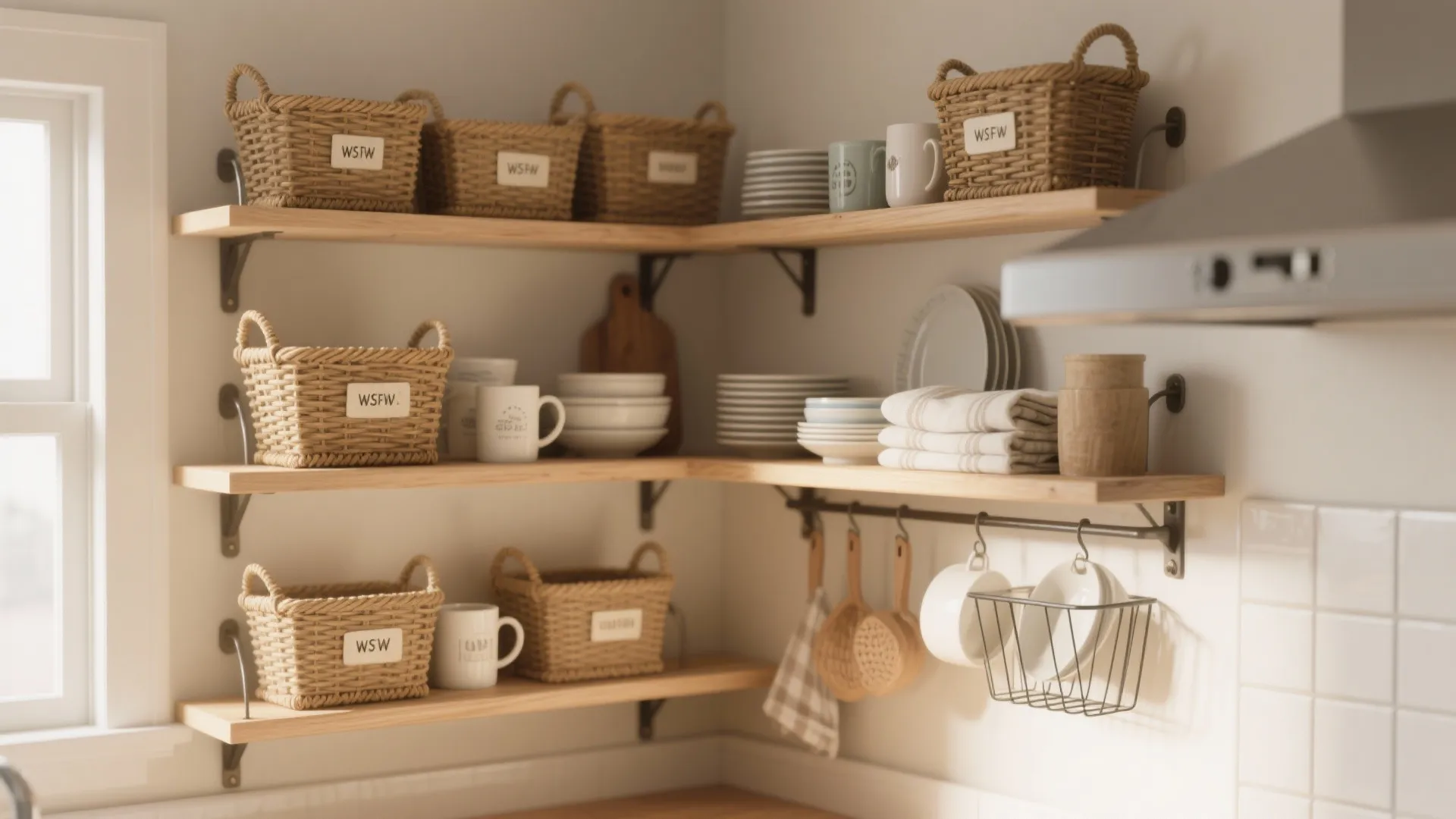 Kitchen corner with wood open shelves holding woven baskets white ceramic plates mugs and towels