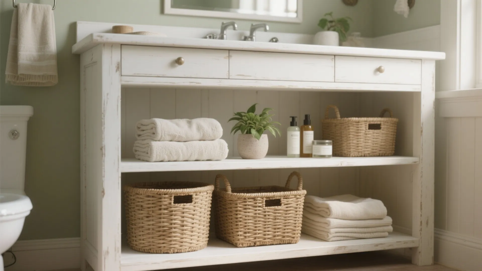 4. Vanity with Open Shelves for Towels and Baskets
