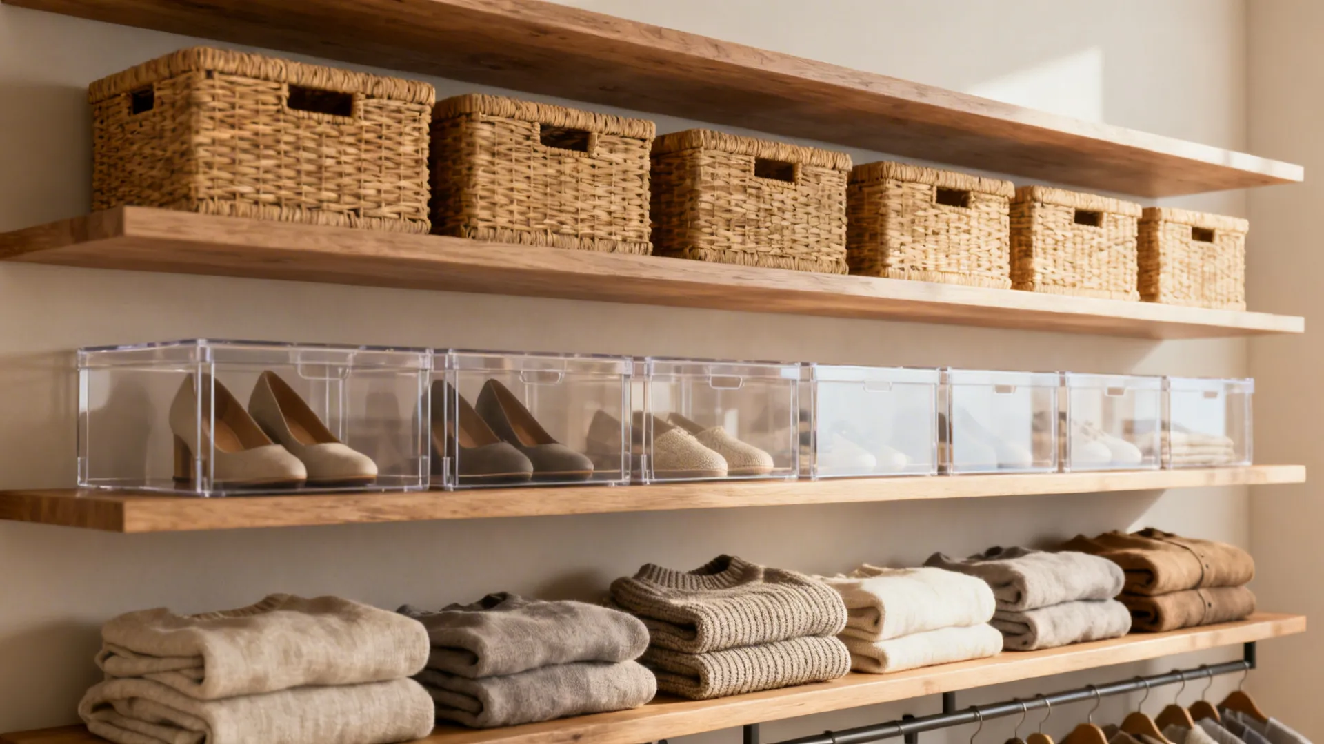Open wooden shelves with woven baskets and clear shoe boxes creating an organized closet display.