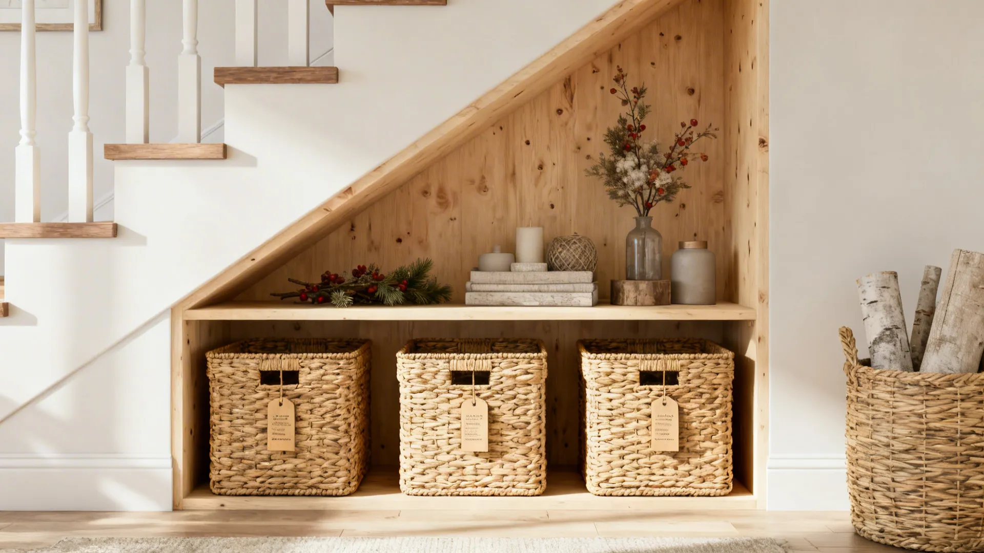 Three woven baskets under wooden staircase with decorative books candles and small plants on shelf