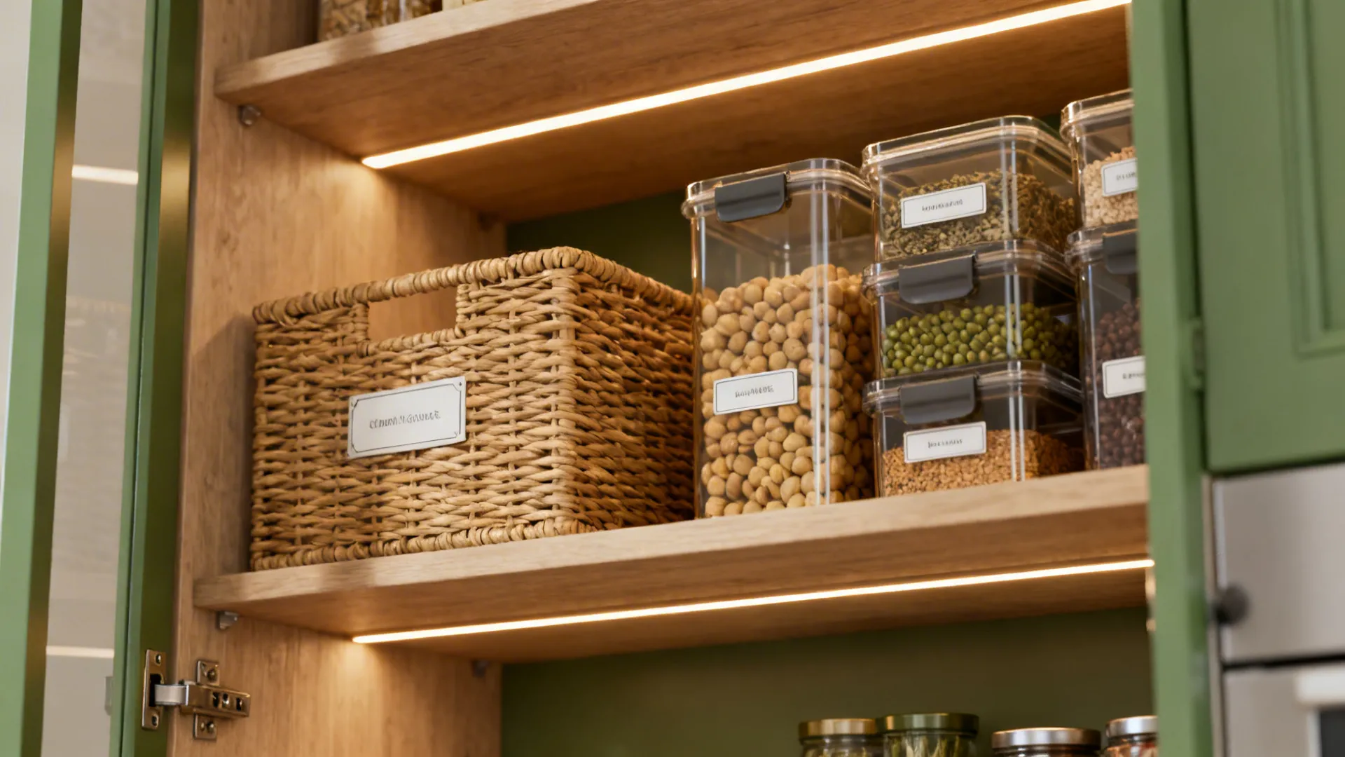 Open pantry shelves with labeled baskets and clear containers for flexible storage.