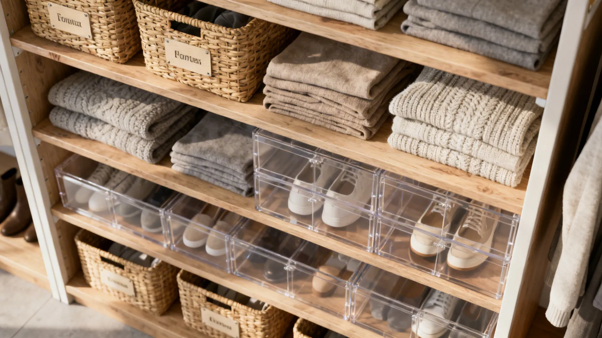 Wooden closet shelves holding folded clothes with woven storage baskets and clear plastic shoe box containers