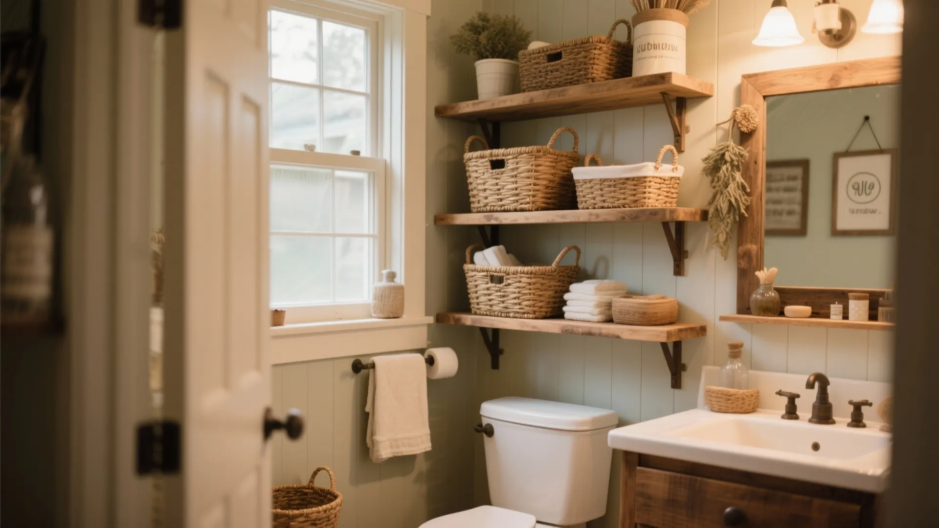 Green bathroom with three wood shelves holding baskets and towels next to a large window