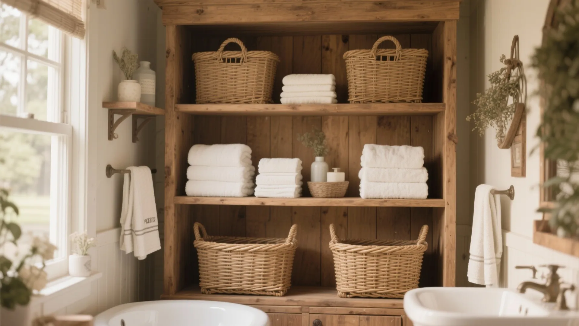 Wooden bathroom cabinet with open shelves holding woven storage baskets and neatly stacked white towels