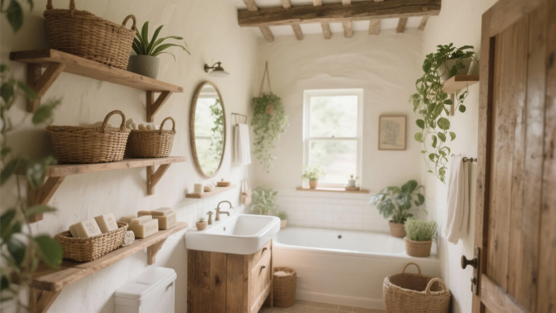 Rustic bathroom featuring wooden open shelves with baskets white bathtub sink cabinet and green hanging plants