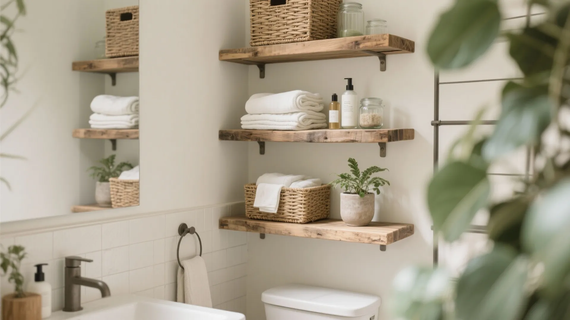 Three wooden open shelves in bathroom with woven baskets white towels small plants and bottles
