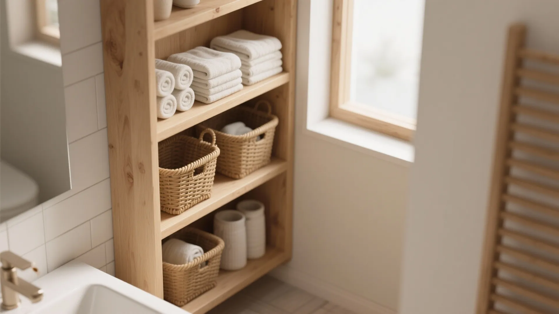 Wooden bathroom shelves with folded white towels woven storage baskets and white jars near window