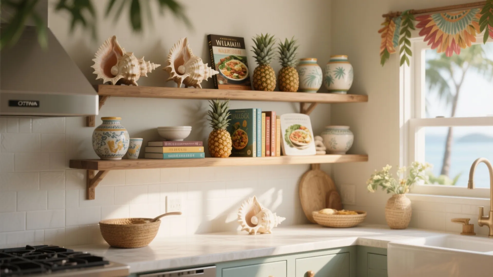 Wooden open wall shelves holding pineapples seashells and cookbooks in a bright beach themed kitchen