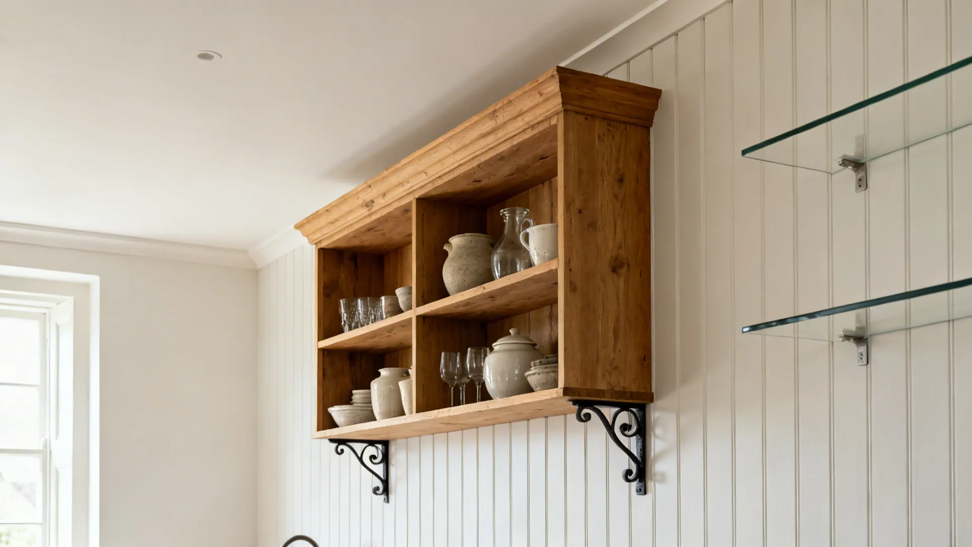 Open oak shelves on beadboard panelling with curated stoneware in a light UK kitchen.