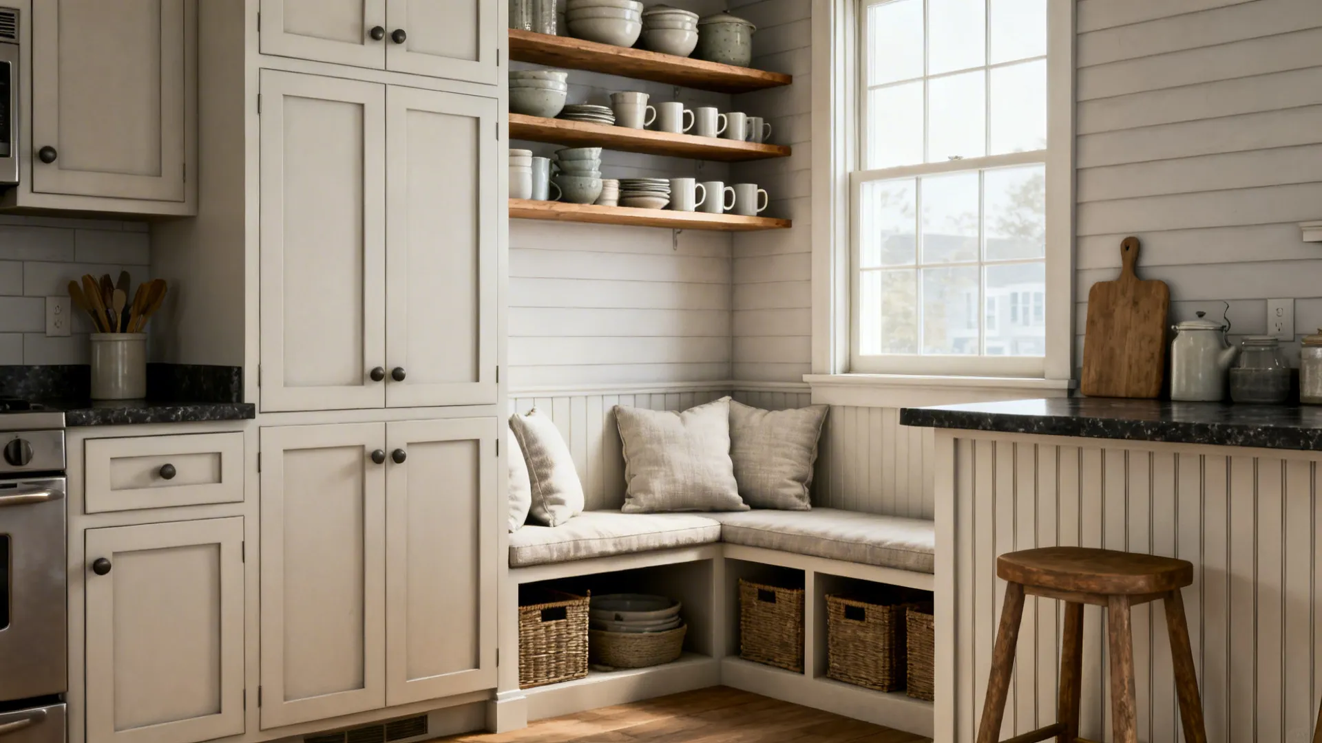 Compact kitchen corner with open shelves and a cozy built-in bench nook in coastal tones.
