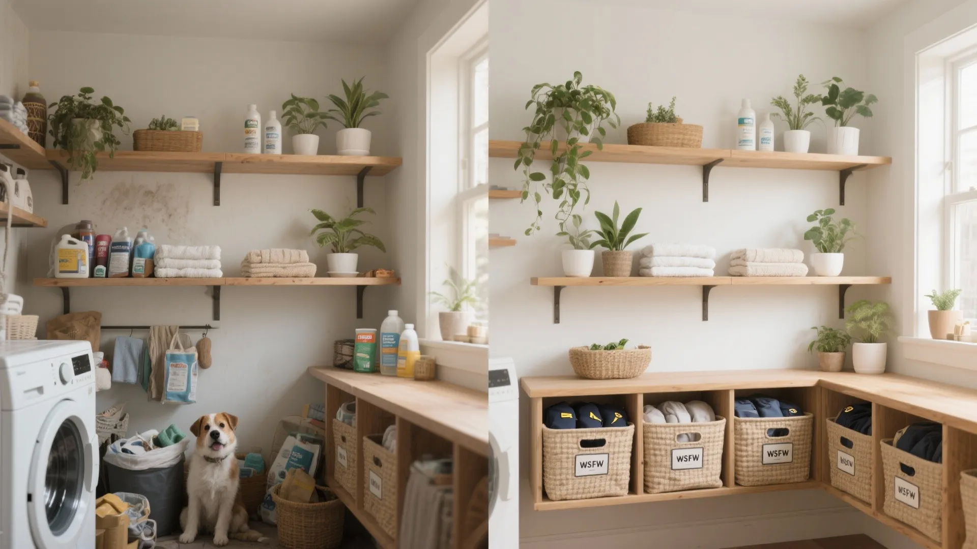 Before and after laundry room organization with wooden open shelves plants woven baskets and dog
