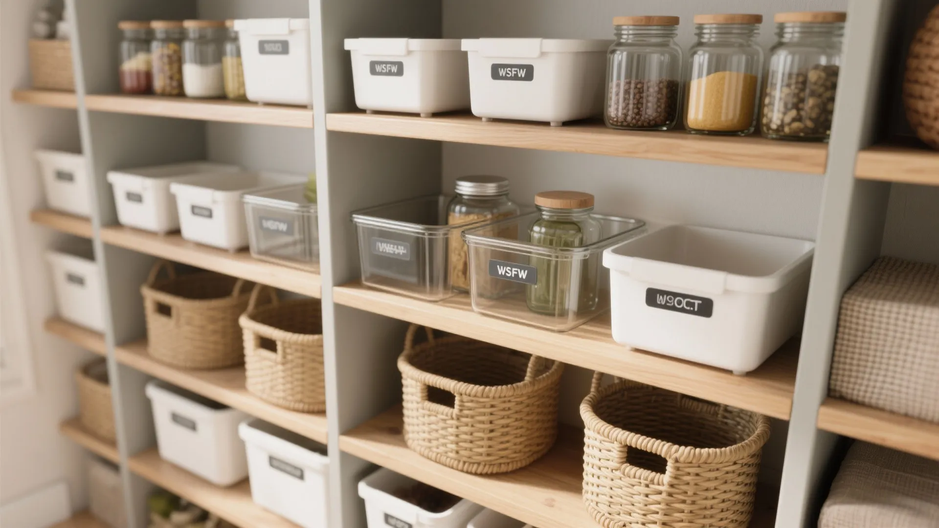 Organized pantry with wooden shelves holding white plastic bins glass jars and woven storage baskets