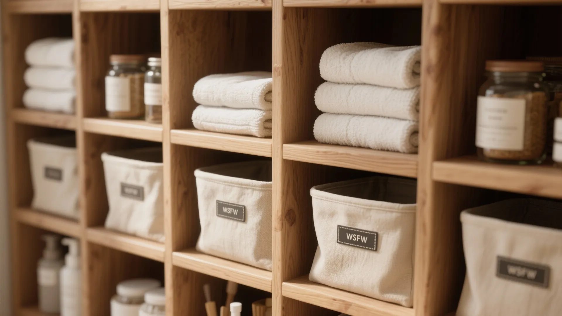 Wooden open shelves organized with folded white towels and fabric storage bins with small labels