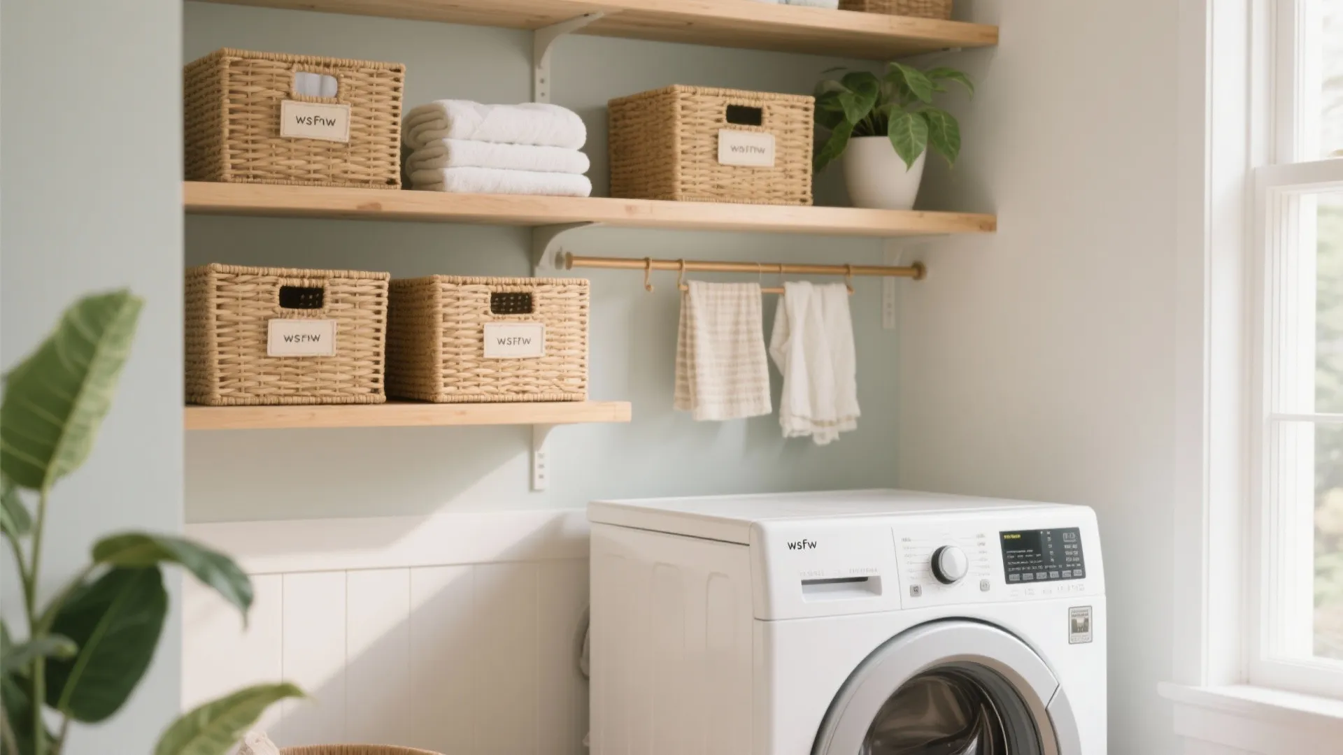 4. Over-the-Washer Open Shelves + Bins