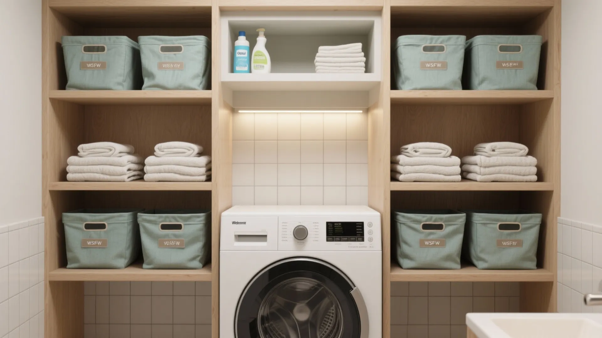 4. Open shelving with washable bins and a niche for detergents
