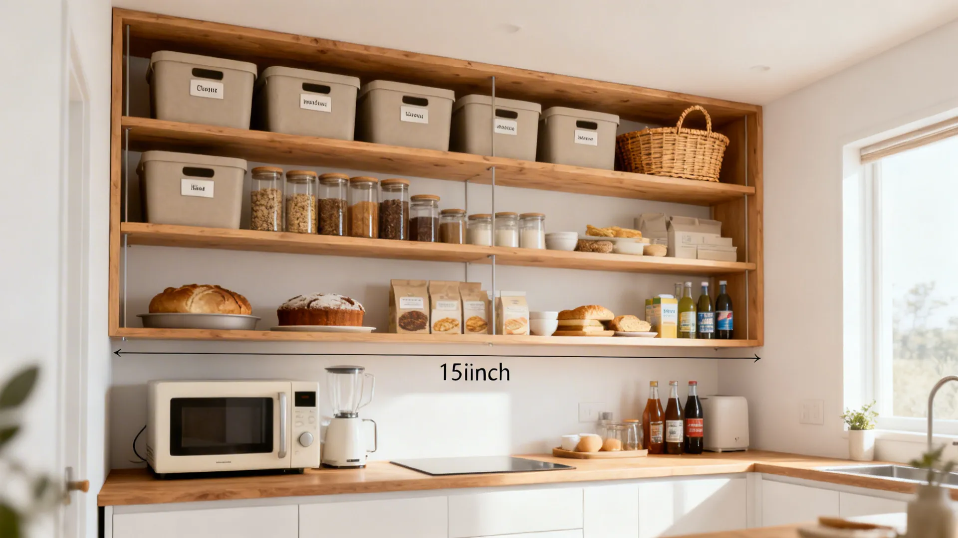 Ceiling-high open pine shelves with uniform bins and labeled jars in a small kitchen.
