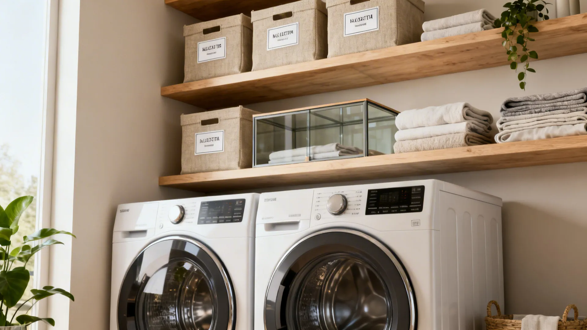 Open floating shelves above stacked laundry with labeled storage bins and linens.