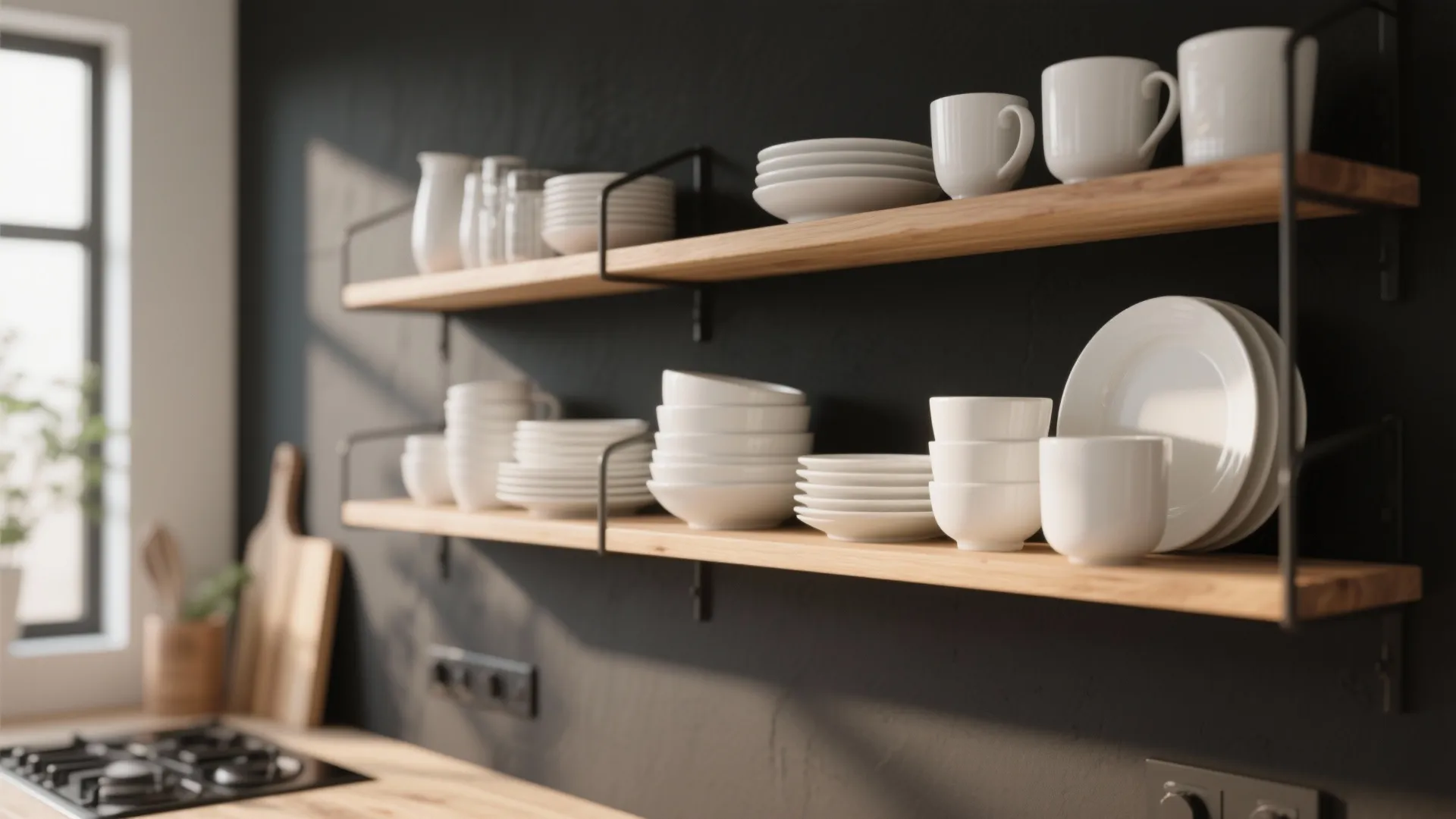 5. Open Shelving with Dark Backdrop