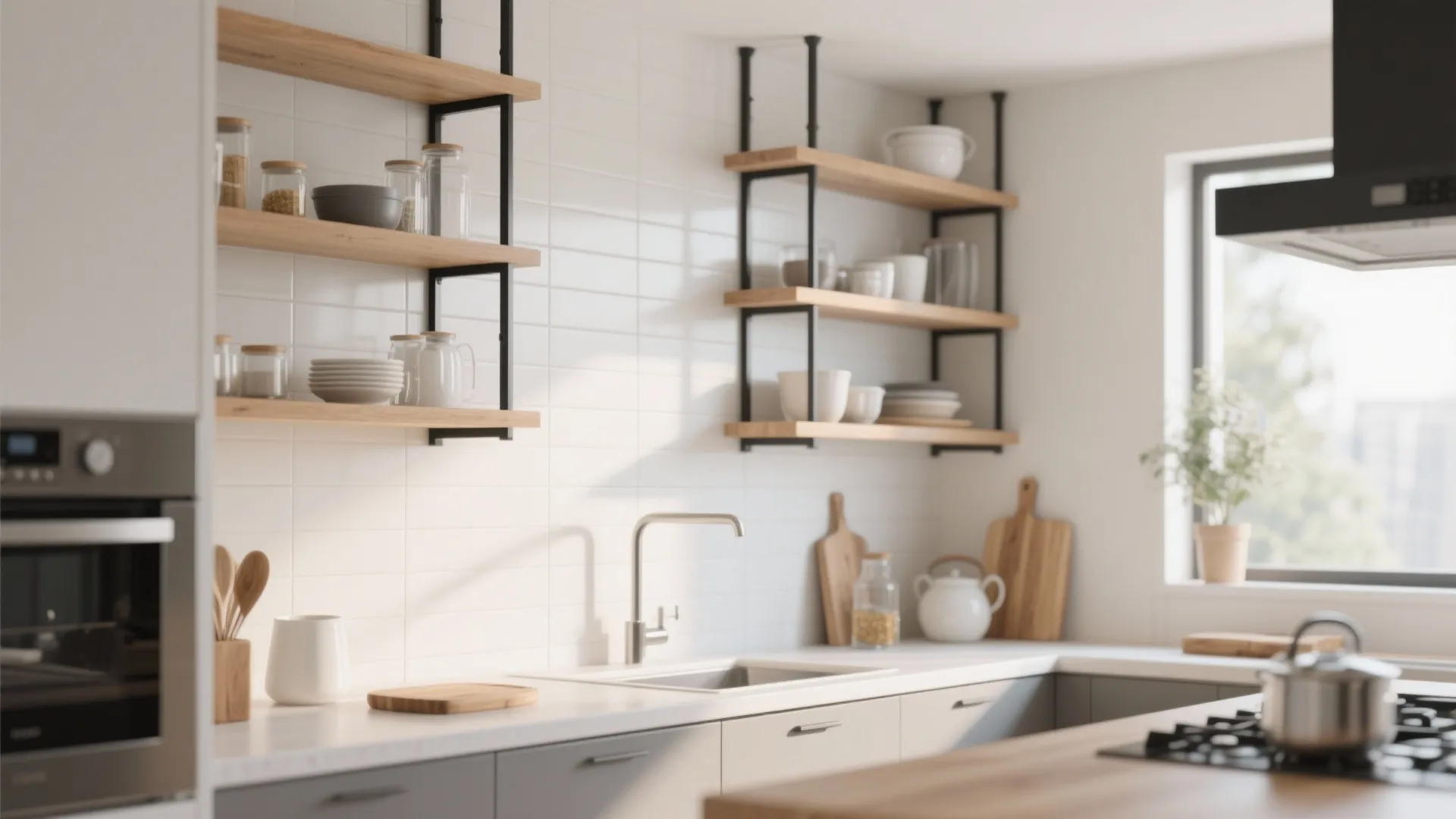 4. Open Shelving with Black Brackets