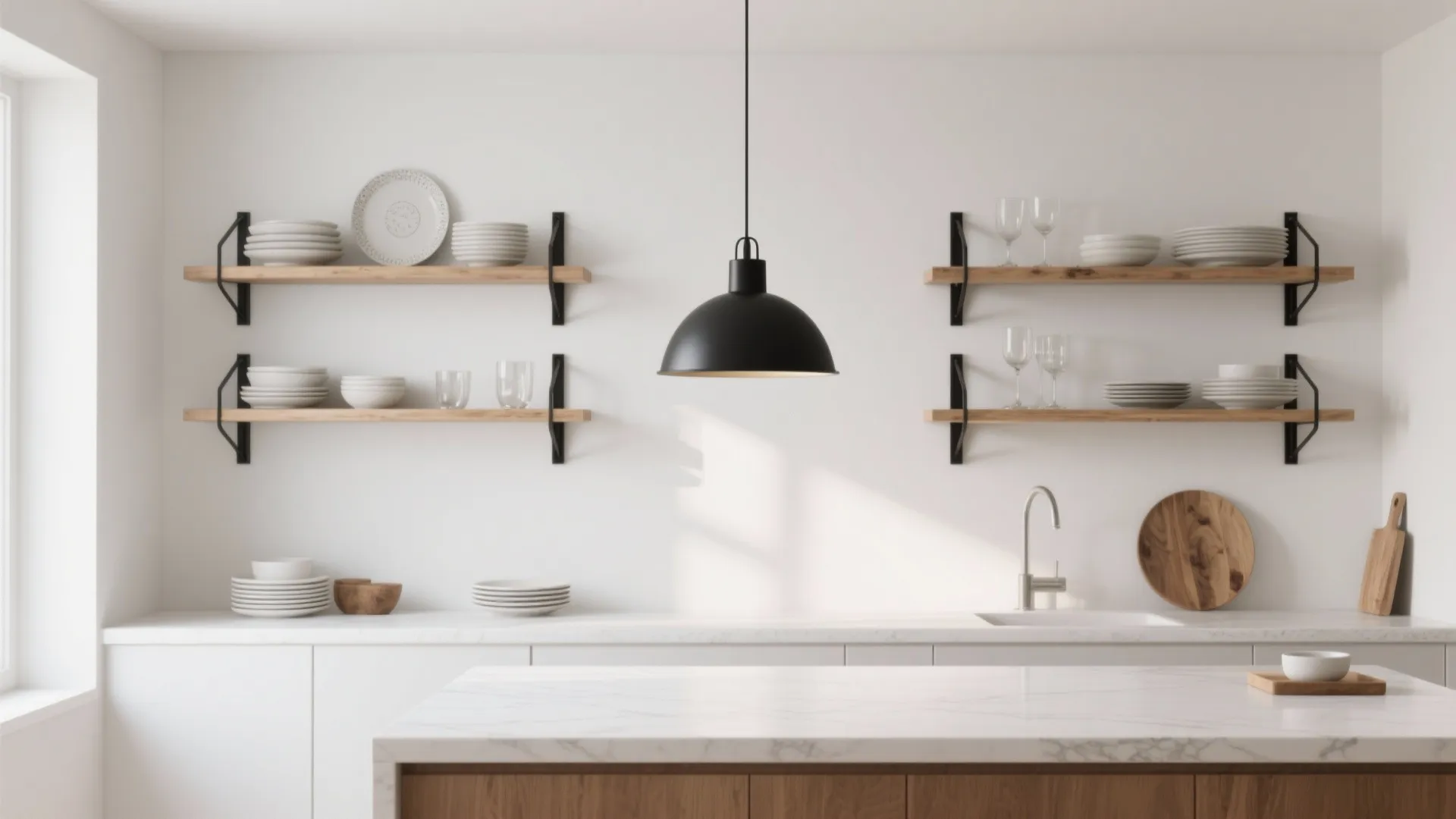 White wall with open wooden shelves on black brackets and a matte black pendant light above an island.