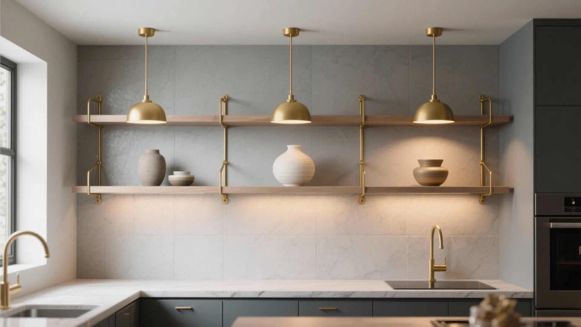 3. Gold-accented open shelving and lighting
