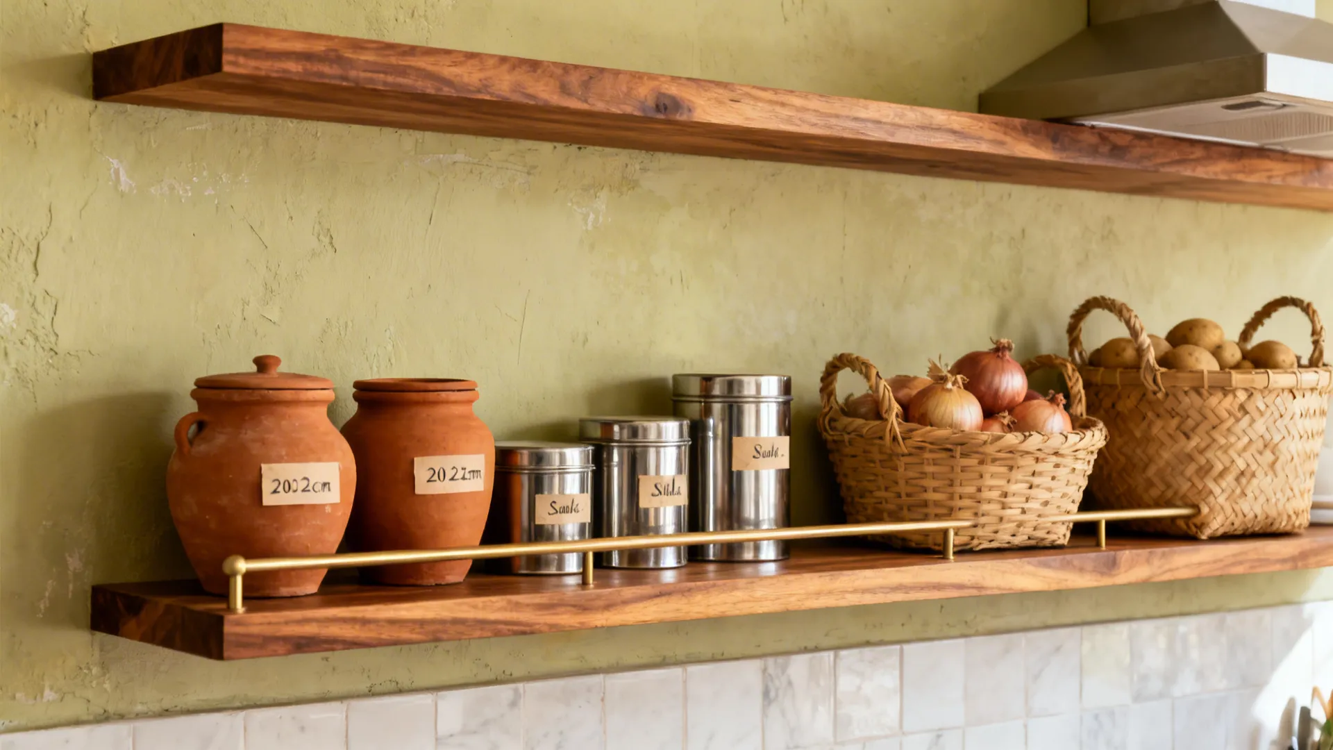 Shallow open wooden shelves with clay jars, masala tins, and cane baskets on a limewashed wall.