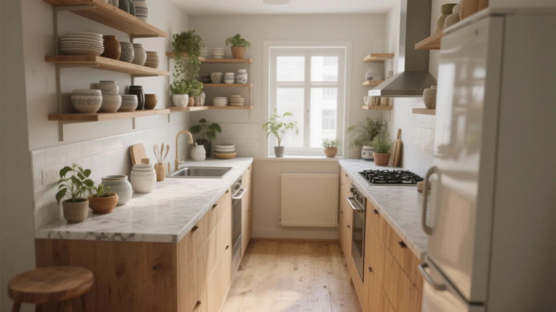 Small kitchen design with wooden cabinets, marble countertops, open wooden shelves, plants, and natural light