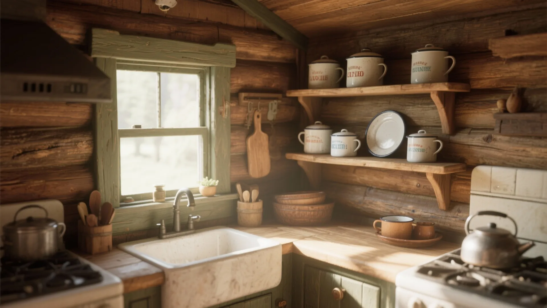 Cozy log cabin kitchen with open wood shelves holding mugs plates and a stone sink