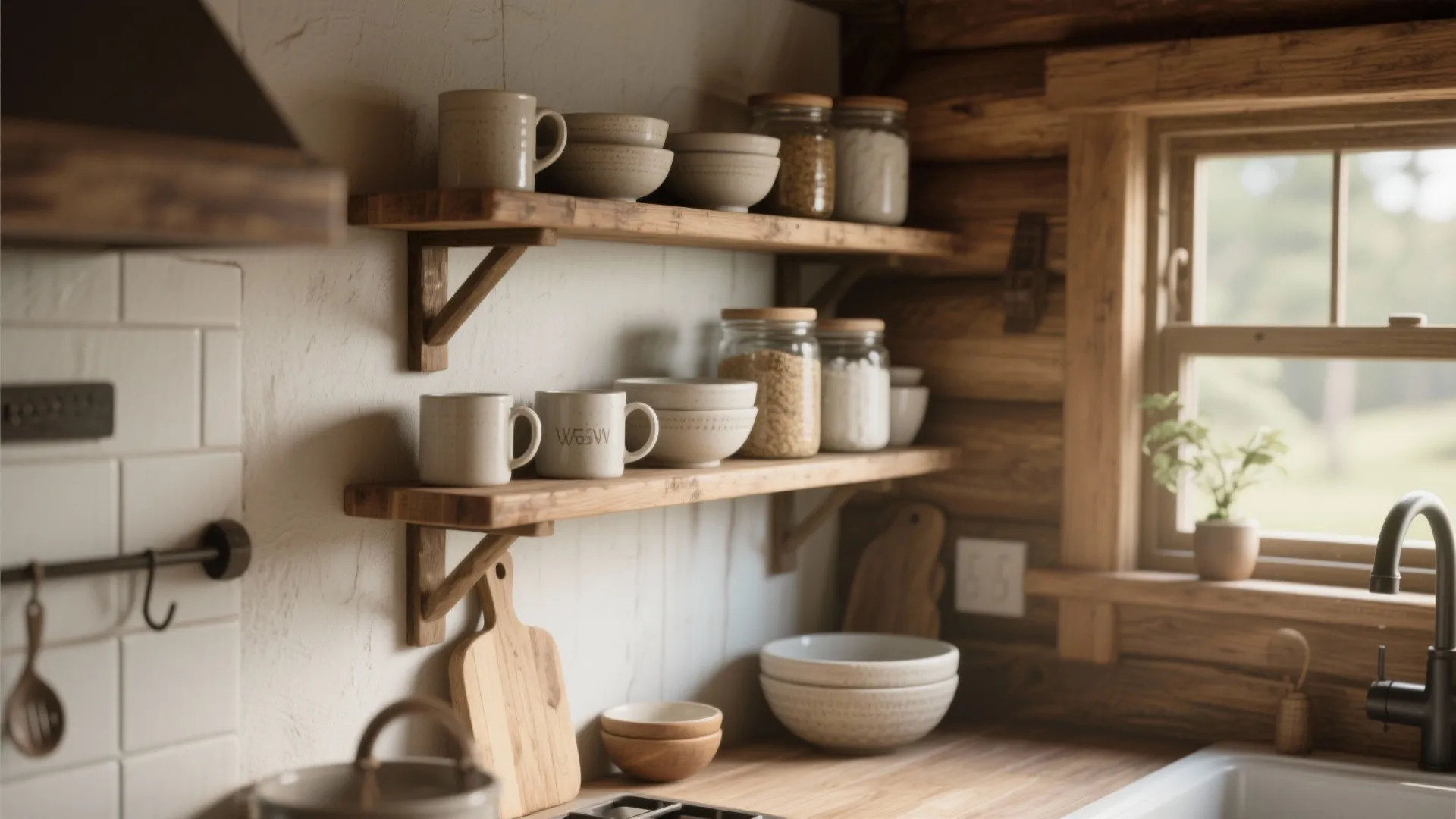 Rustic kitchen with wooden open shelves holding white mugs and bowls in a log cabin