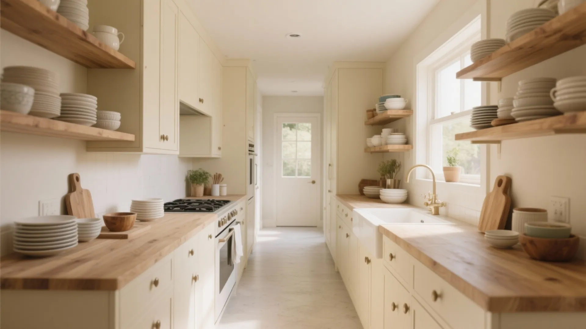 Cream galley kitchen with open shelves and closed cabinets