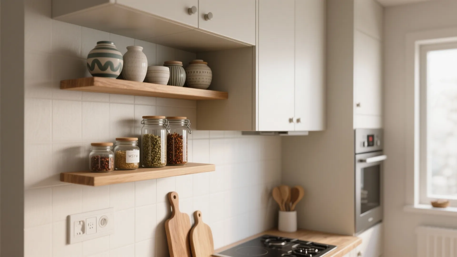 Small kitchen wall with mixed open shelving and closed upper cabinets holding dishes and spices
