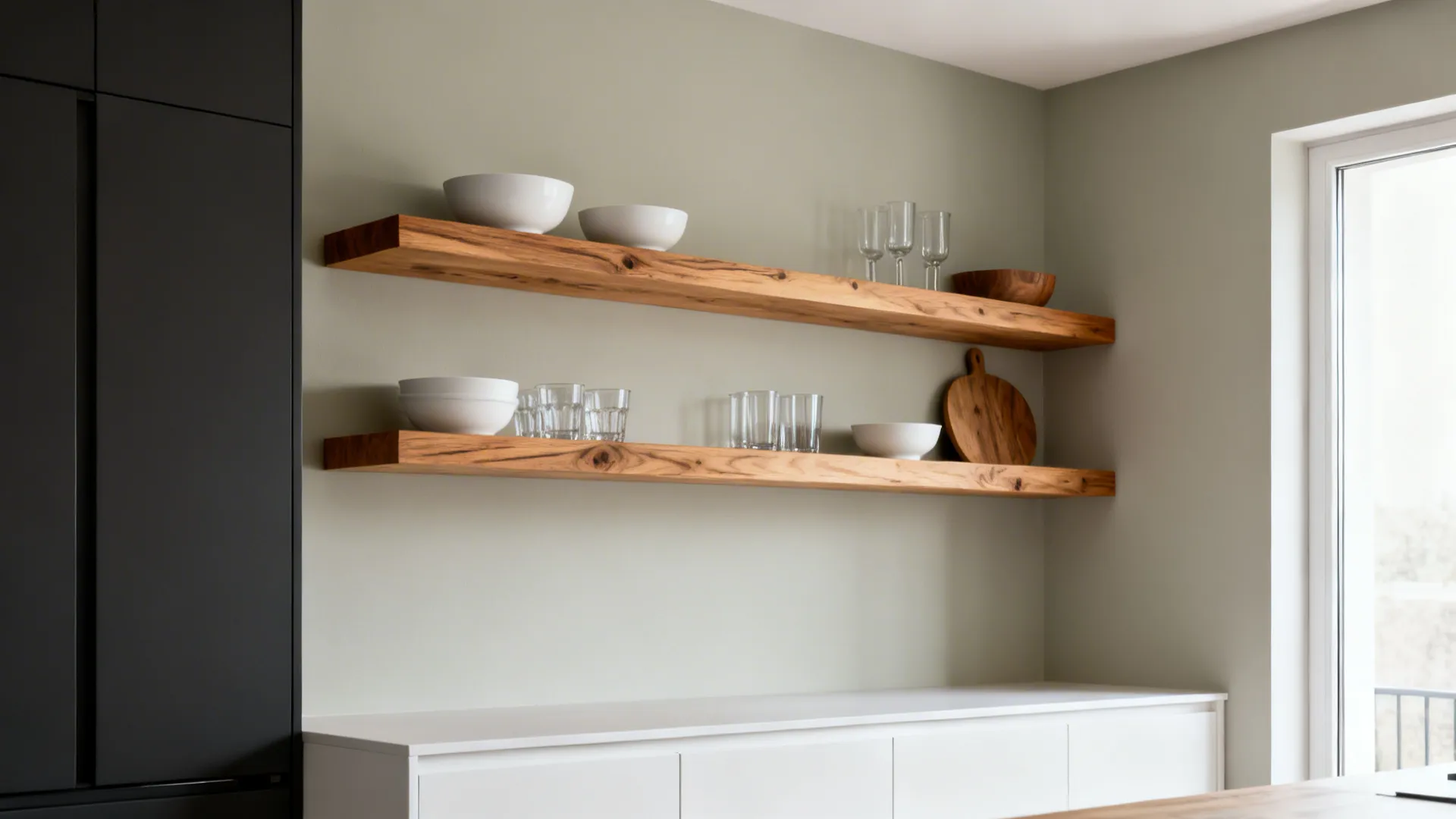 Minimalist pine open shelves styled with white bowls and wood accents on a greige wall.