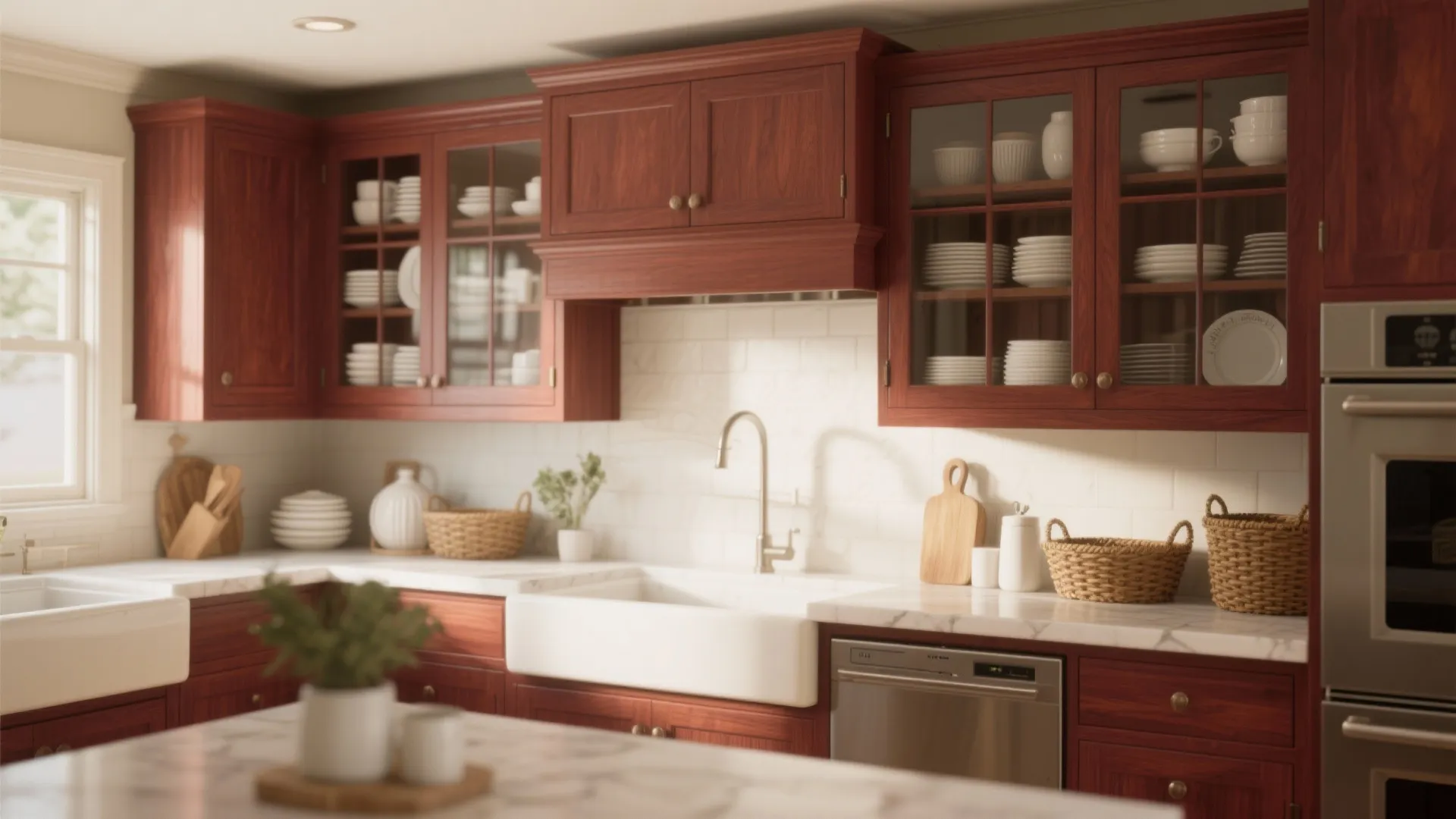 Traditional kitchen design with cherry wood cabinets glass doors white sink marble counters and woven baskets