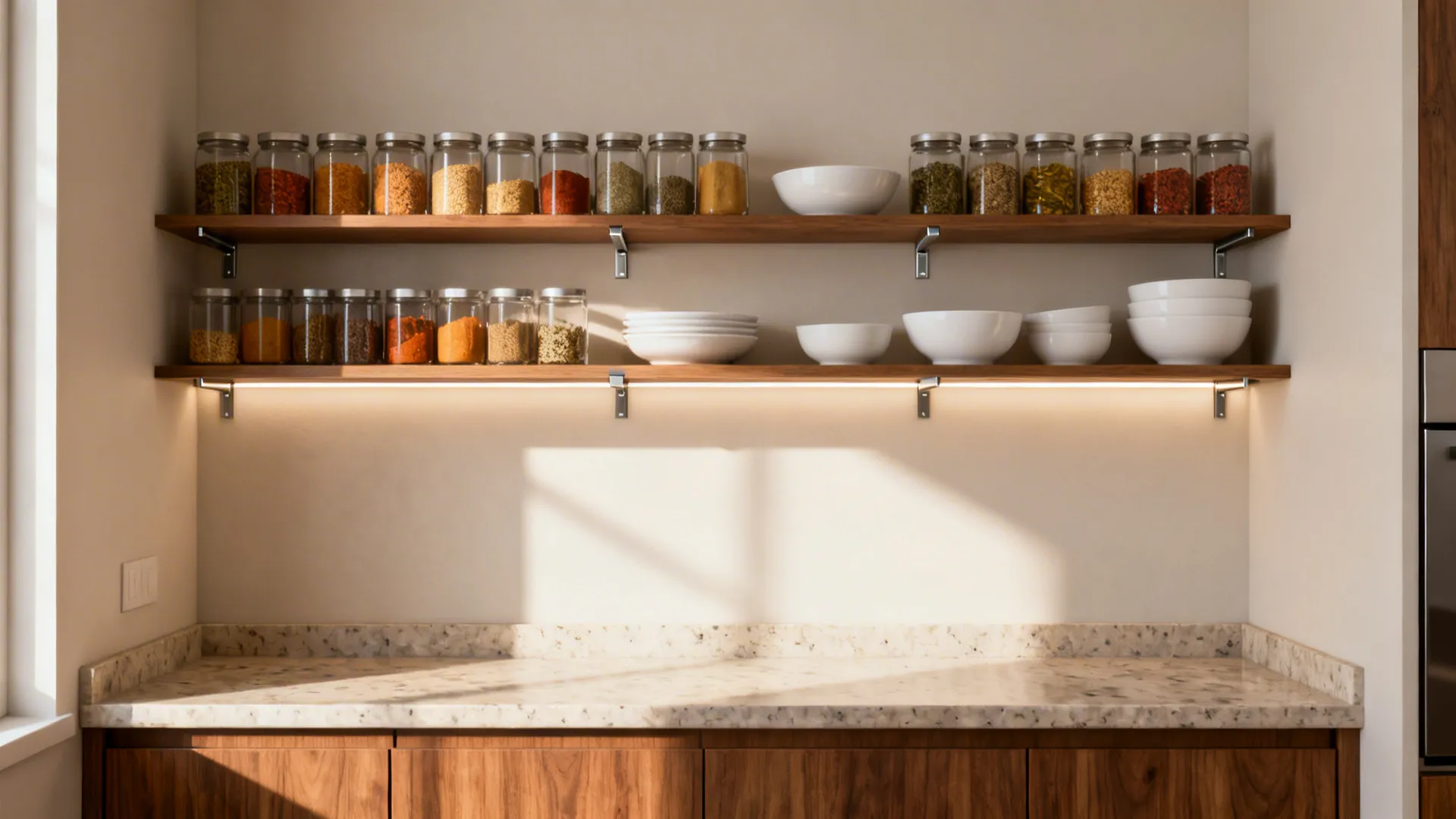 Minimalist open kitchen shelves with uniform jars and hidden brackets over a tidy counter.