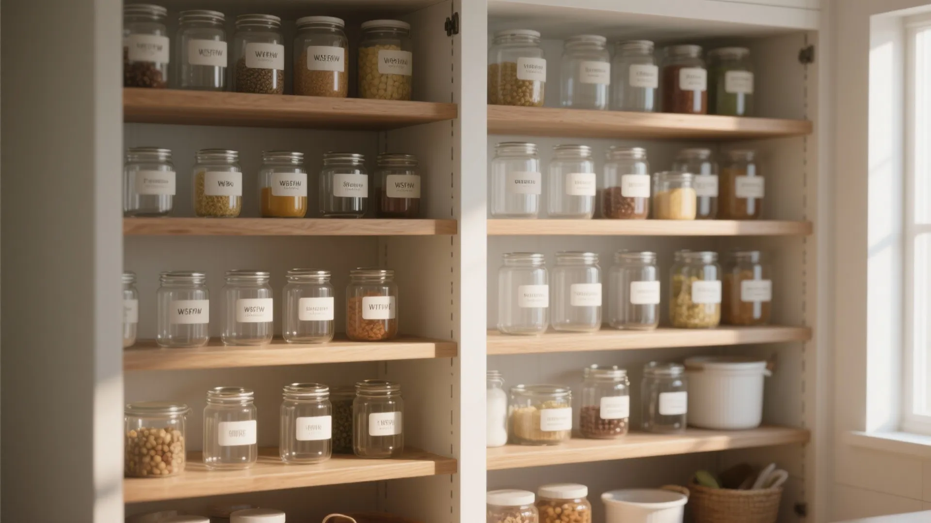 Well organized kitchen pantry with glass jars on wooden shelves for neat and tidy food storage